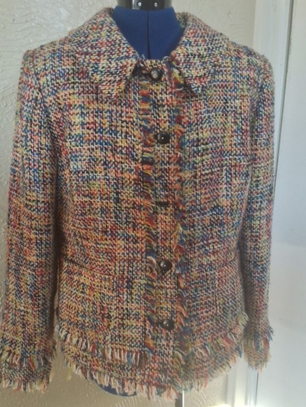 Oscar de la Renta Multicolor Tweed Fringe Button Jacket